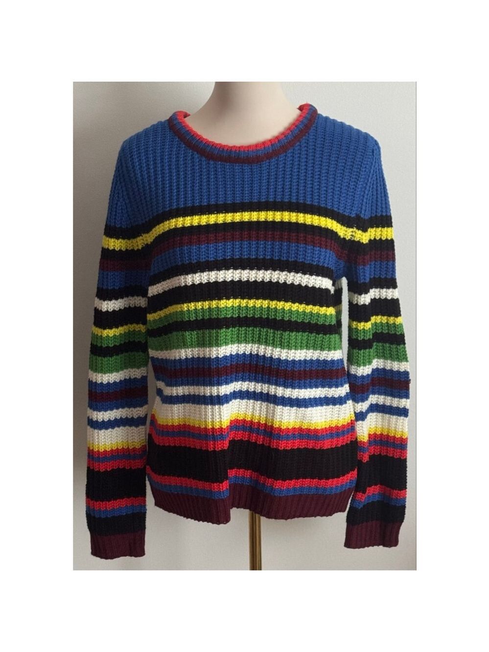 Women's PINK ROSE Blue Multi-color Striped Crew Neck Sweater M